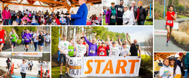 A montage of photos from the Building Tomorrows event, including a magician juggling, people running, runners lined up at the starting line, and a boy and woman posed together under the Clipper Pavilion.