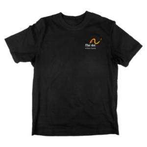 Black short-sleeve shirt with The Arc of Essex County logo printed on the right side of the front