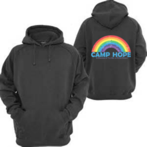 A dark gray hooded sweatshirt with a pocket on the front and the Camp Hope logo on the back