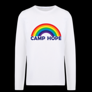 White long-sleeve t-shirt with the Camp Hope logo printed across the front