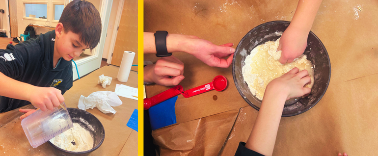 Two photos: a child pouring water into a bowl of flour, and several children making play-doh with their hands in the bowl.