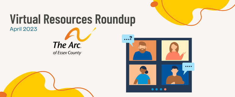 Virtual Resources Roundup April 2023 with cartoon image of virtual meeting.