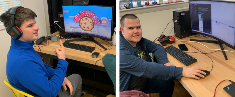 Two photos: left, a teen boy wears headphones and sits in front of a screen that says "Sugar Rush" with a chocolate chip cookie; right, a man sits in front of a computer, with his hand on a mouse.