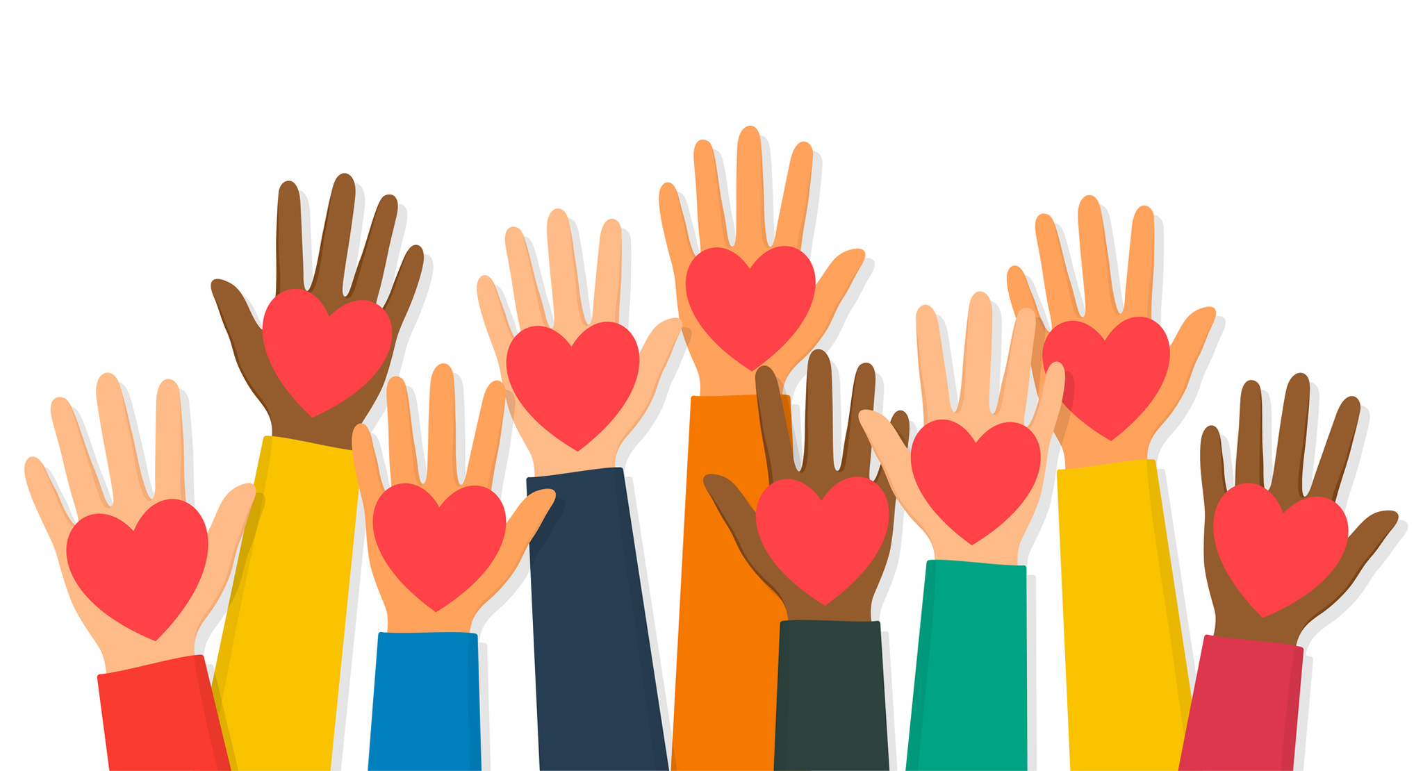 A graphic of nine cartoon hands reaching in the air, with a red heart in the palm of each hand.