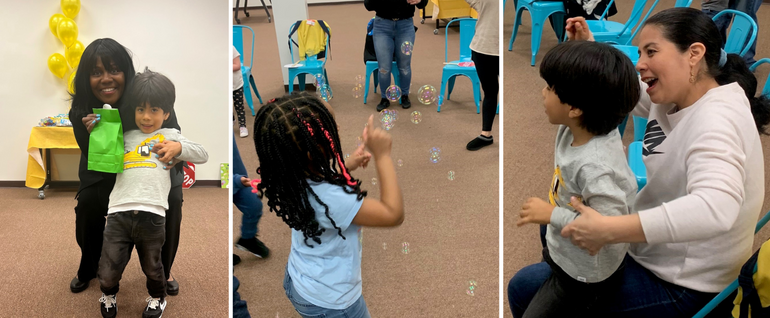 Three photos from Communi-Play. Left: A woman and a boy holding a green bag. Center: a girl playing with bubbles. Right: A boy sitting on a woman's lap, with both singing.