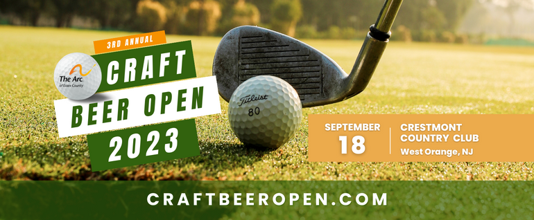 Image of a golf club hitting a golf ball. To the left, the logo for the 3rd Annual Craft Beer Open 2023. On the right, the text: September 18, Crestmont Country Club, West Orange, NJ. On the bottom: CraftBeerOpen.com written on a green bar.