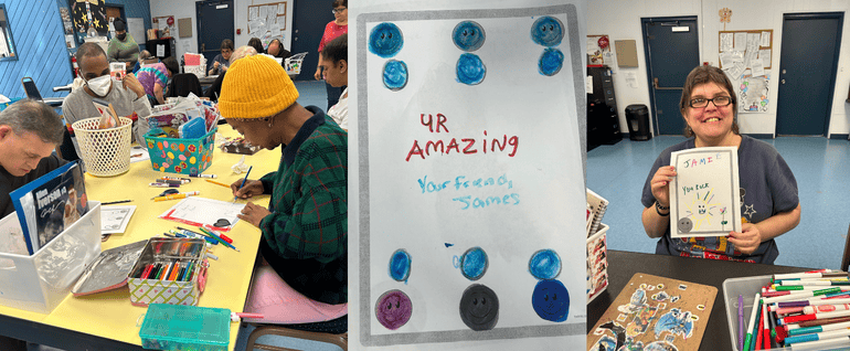 Three photos, left to right: A group of people drawing on paper around a table; a card that says 