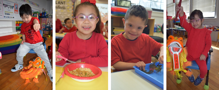 Four images of children at Stepping Stones School: left to right, a boy in a red shirt plays with a dragon puppet; a girl in a red shirt sitting at a table with a bowl of food in front of her; a boy in a red shirt playing with a toy dragon; a girl in a red outfit playing with a dragon puppet.