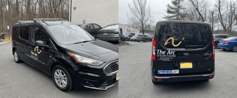 Two photos of a black van with The Arc of Essex County logo visible on the side and back.