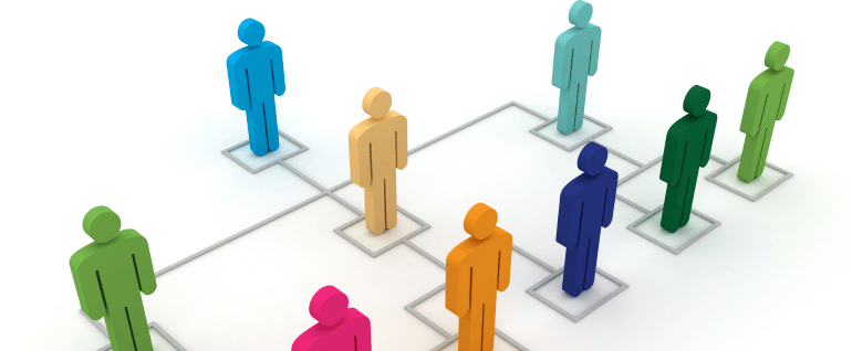 A graphic of an organizational chart with colorful icons for people in each box.