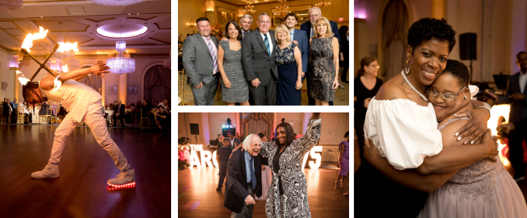 A collage of four photos from The Arc of Essex County's gala event. To the right, a man doing a performance with flames. Above center: a group of people gathered for a photo. Below center: A man and woman dancing on a dance floor. Right: Two women hugging.