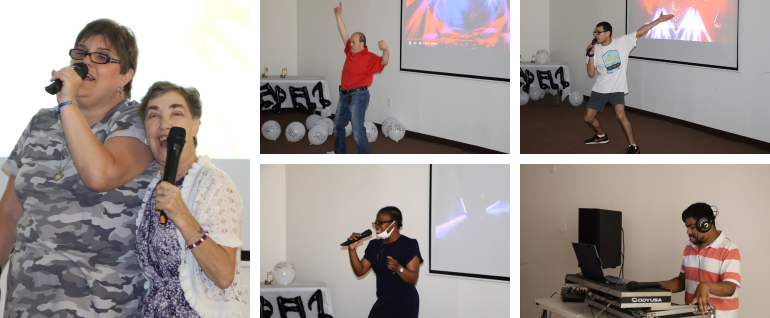 A montage of images of day program participants performing at Studio Arc -- singing, dancing, and DJing.