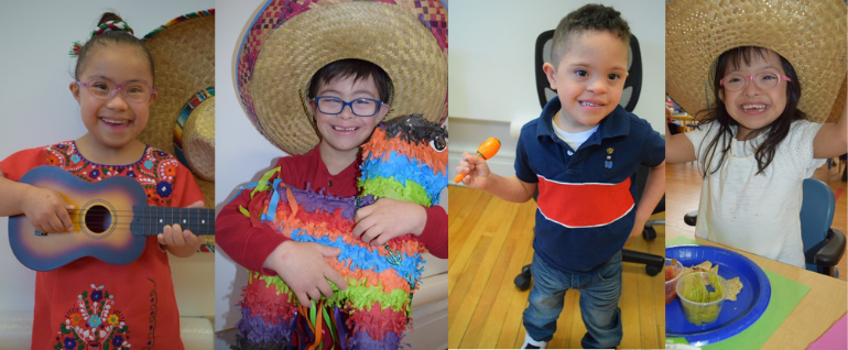 Four photos of students from Stepping Stones: A girl holding a ukelele, a boy hugging a pinata, a boy holding a maraca, and a girl eating chips and guacamole.