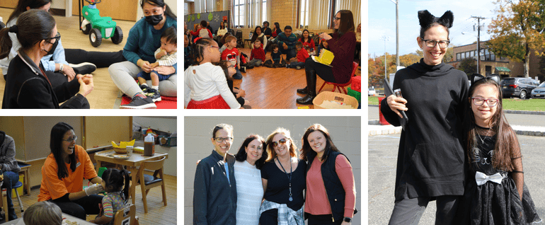 A collage of photos of Nicole Fiorella. On the right side, a photo of Nicole and a Stepping Stones student both dressed as black cats on Halloween. On the left side, clockwise from top left: Nicole teaching a child in the Early Intervention program, Nicole reading a book to a gathered group of students; Nicole and three of her fellow Stepping Stones staff members; Nicole smiling while she teaches a young child how to eat.