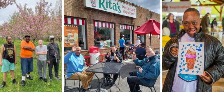 Three photos: A group of four men in front of a cherry tree in blossom. A group of three men sitting at a Rita's ice cream shop. A photo of a man holding a canvas with an ice cream cone painted on it.