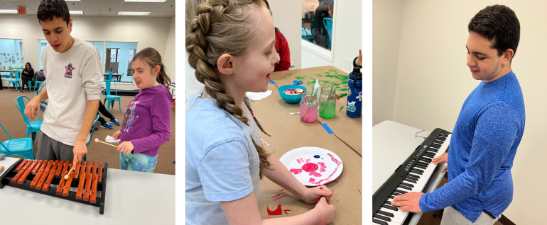 Three vertical photos: On the left, a boy in a white shirt playing a xylophone with a girl in a purple sweatshirt; center, a girl's in a blue shirt and wearing braids painting a puppet with pink paint; on the right, a boy in a blue shirt playing a keyboard.