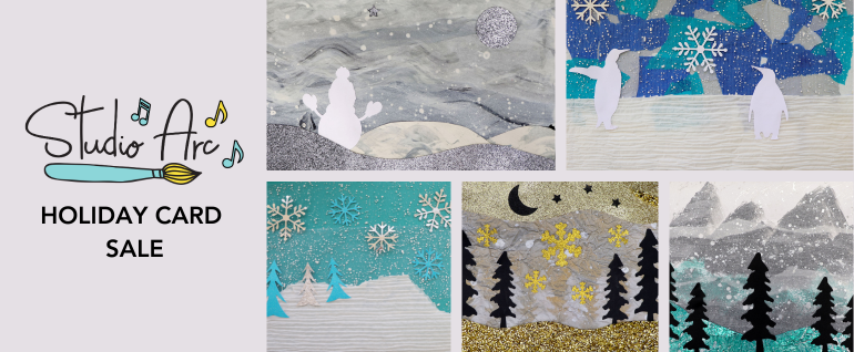 Studio Arc logo with the words "Holiday Card Sale" and five winter scenes created by Studio Arc artists using different materials.
