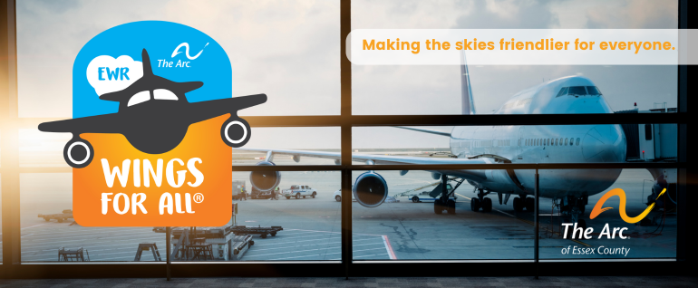 Wings for All logo with the text "making the skies friendlier for everyone" and a photo of an airplane viewed from a gate area.