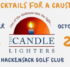 Blue and yellow stripes along the side with the text "Cocktails for a Cause" October 26 Hackensack Golf Club" and the Candle Lighters logo in the middle.