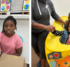 Left photo, a woman and a girl working on a craft together; right photo, a girl and boy in a pretend school bus, with a man and woman helping on either side.