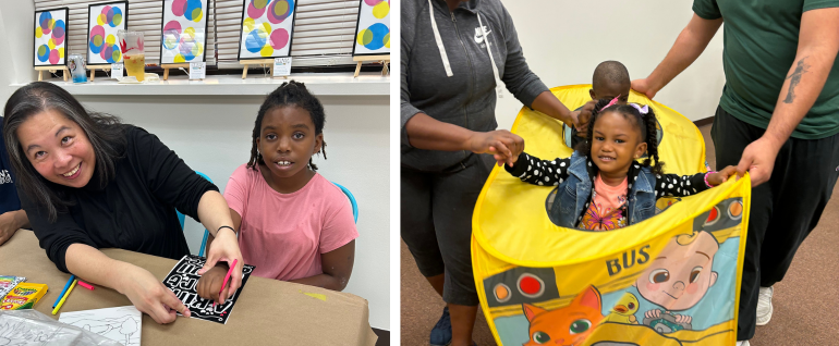 Left photo, a woman and a girl working on a craft together; right photo, a girl and boy in a pretend school bus, with a man and woman helping on either side.