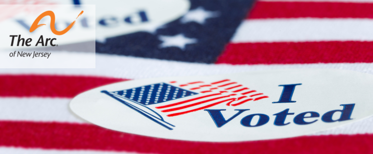 An "I voted" sticker on top of an American flag, with The Arc of New Jersey logo on the top left.