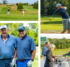 Photos of golfers on a golf course, a server spooning food onto a plate, and two people in a golf cart holding up beer cans.