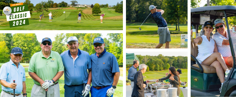 Photos of golfers on a golf course, a server spooning food onto a plate, and two people in a golf cart holding up beer cans.