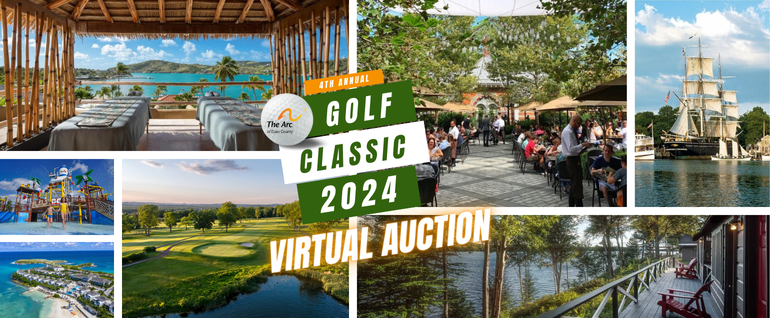 A montage of images of vacation destinations, golf courses, and restaurants, with the logo for The Arc of Essex County's 4th Annual Golf Classic 2024 and the words "Virtual Auction" at the center.