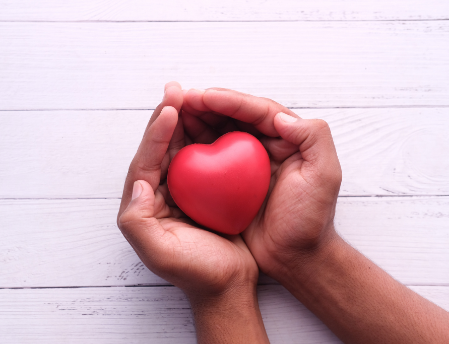 Photo of hands cupped around a red heart figurine, with a white wooden background.