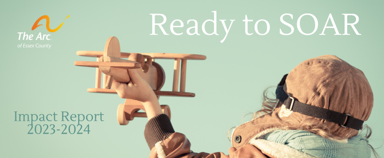 A child holding a wooden toy airplane, with the words "Ready to Soar" above and the words "Impact Report 2023-2024" below.