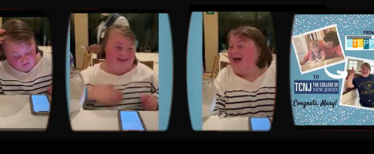 Three screenshots of a girl looking at a phone, reading and then smiling. And a photo of a woman and young girl at a table and then a woman in a TCNJ t-shirt with the words 