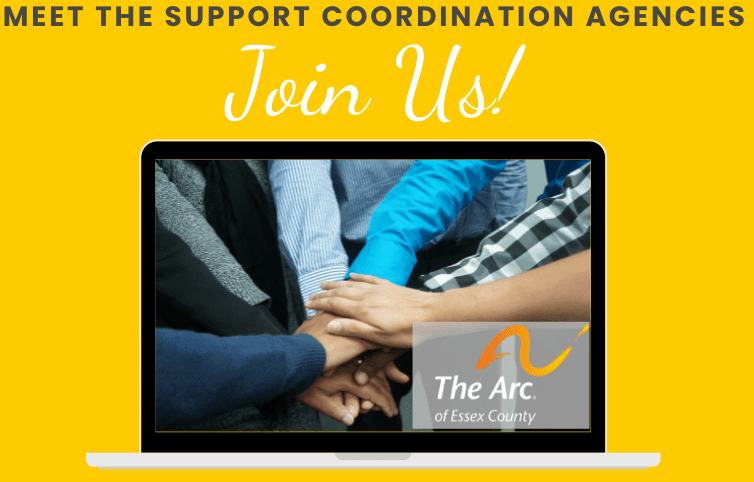 Text: Meet the Support Coordination Agencies. Join us! Visual: a graphic of a laptop with a photo showing a group of people putting their hands together on the screen.