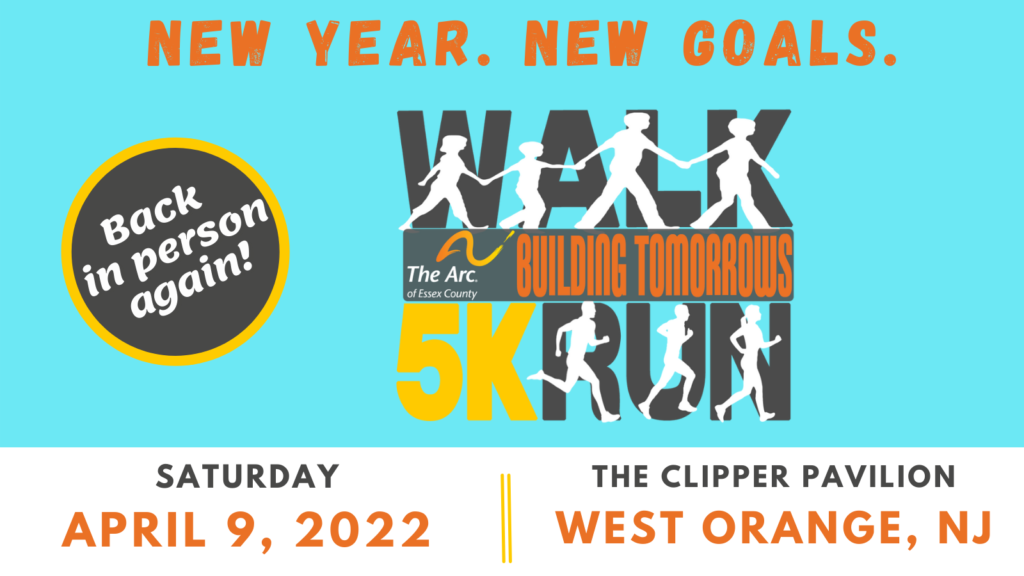 Blue background, with The Arc of Essex County Building Tomorrows Walk 5K Run logo. Text reads: 