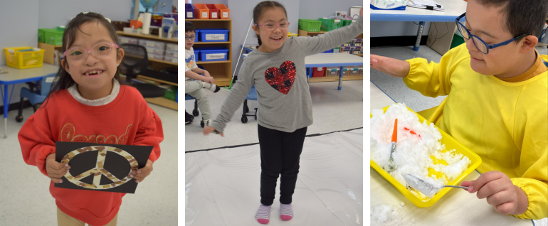 Three photos; left to right: A girl in a red shirt and glasses holding peace sign art, a girl in glasses and a heart shirt stands on a sheet of plastic in her socks, with her harms out in either direction; a boy in glasses and a yellow shirt playing with snow on a tray.