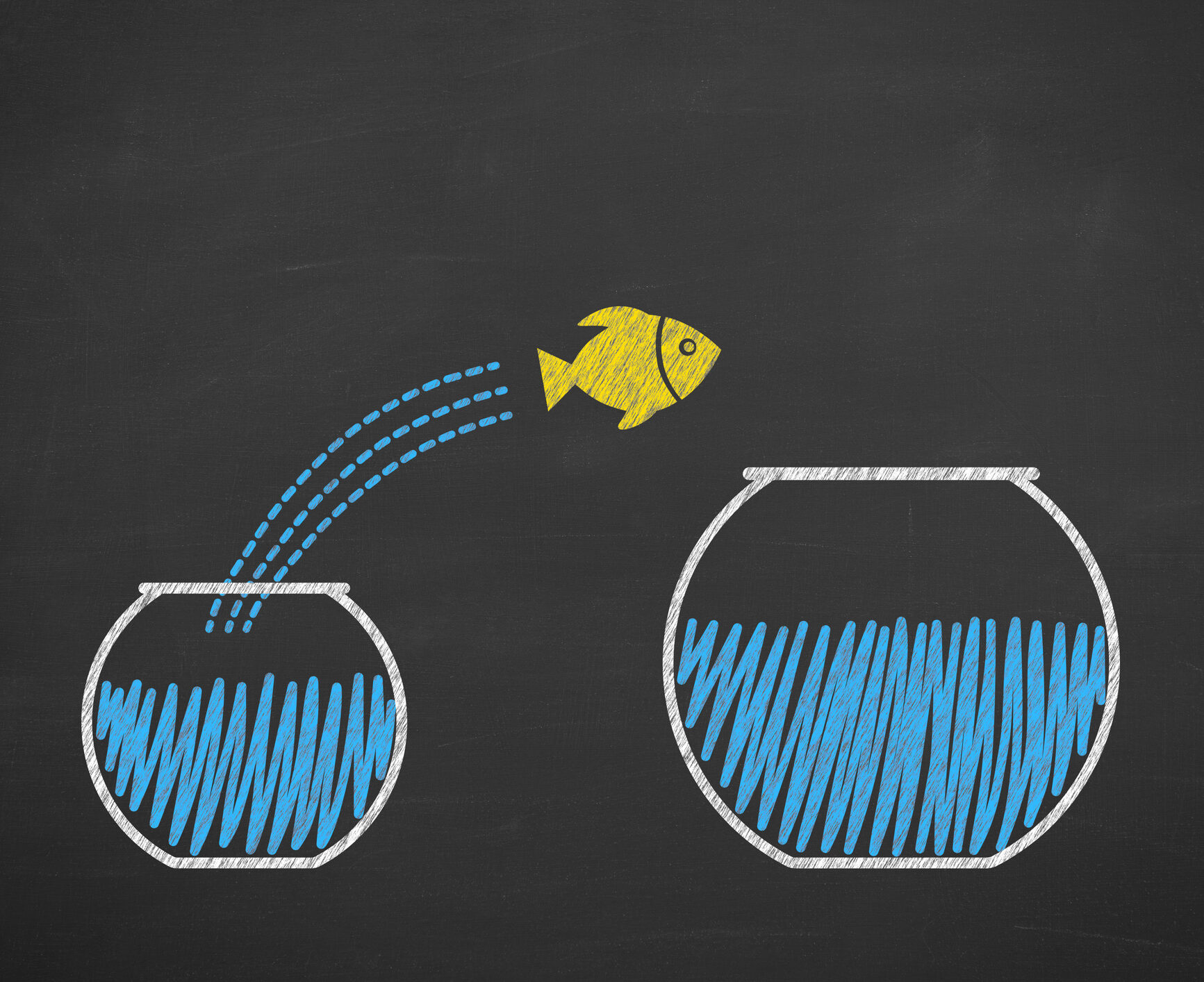 A drawing of a goldfish jumping from a small fishbowl to a larger fishbowl.