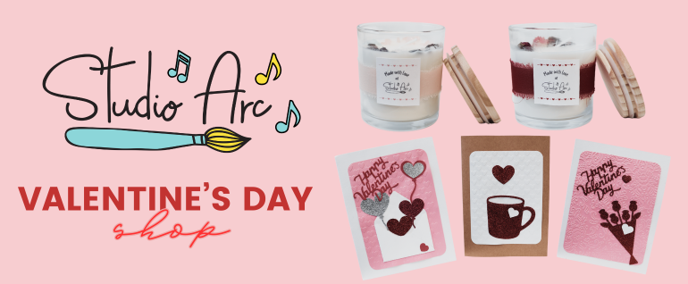 Pink background with the text "Studio Arc Valentines Day Shop" and photos of candles and valentine cards.