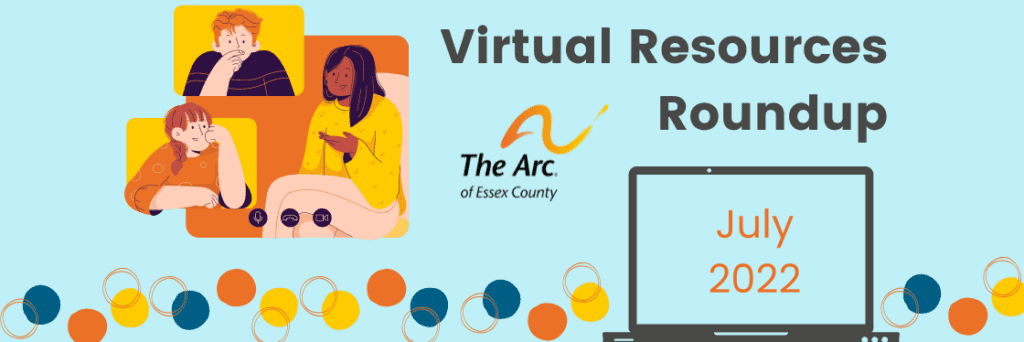 Virtual Resources Roundup. A graphic that shows three cartoon people on a video chat, and a laptop with 