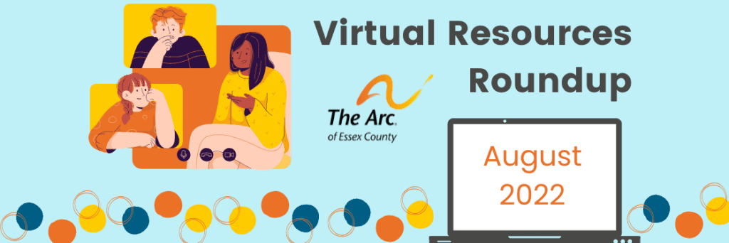Virtual Resources Roundup. A graphic that shows three cartoon people on a video chat, and a laptop with 