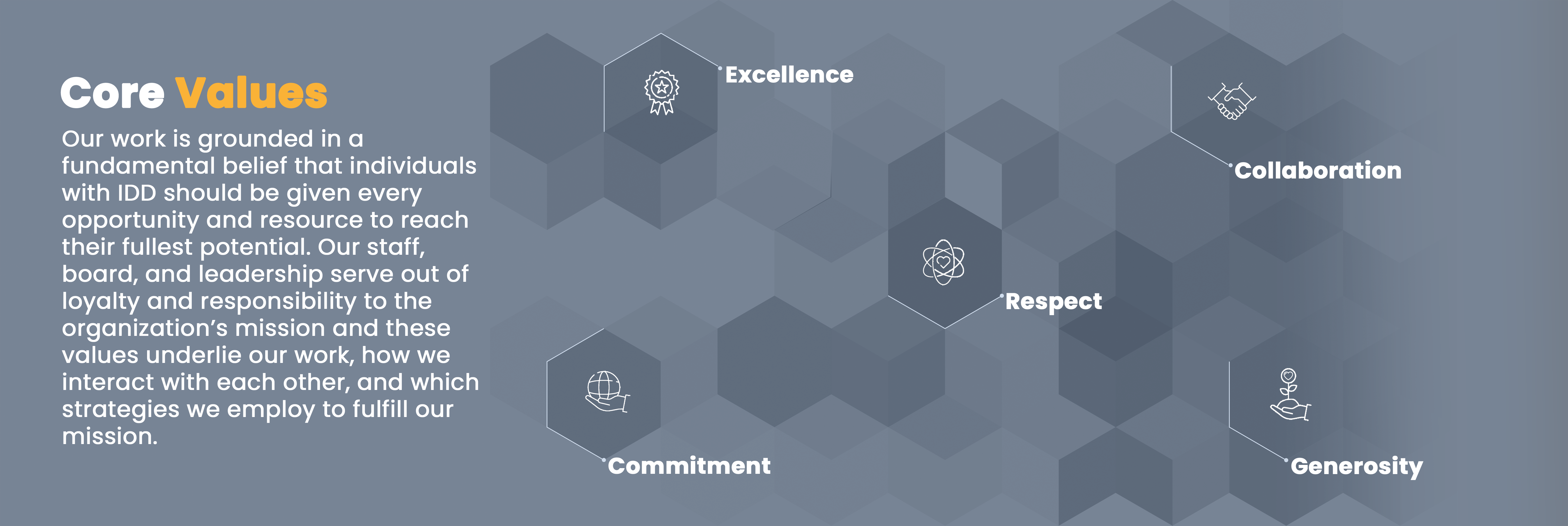 A gray background with geometric pattern on the right. Text reads: "Core Values: Our work is grounded in a fundamental belief that individuals with IDD should be given every opportunity and resource to reach their fullest potential. Our staff, board, and leadership serve out of loyalty and responsibility to the organization's mission and these values underlie our work, how we interact with each other, and which strategies we employ to fulfill our mission." To the right, the words "Excellence," "Commitment," "Respect," "Collaboration," and "Generosity."